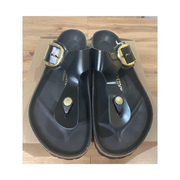 Birkenstock Women's Gizeh Big Buckle Slide Sandal Black Gold Size 8 39 EU NWOT - Picture 6 of 12